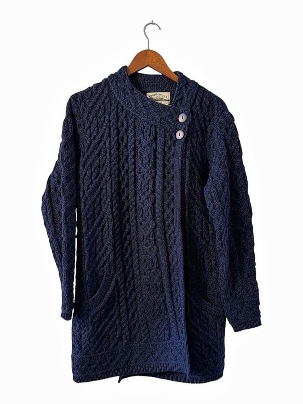Cottagecore Aran Crafts Merino Wool Long Cardigan L Navy Irish Fisherman Cable K